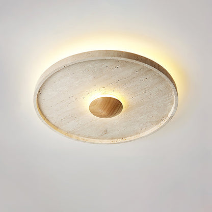 Tranquil Aura Ceiling Light | Yellow Travertine & Wood | 42cm Diameter