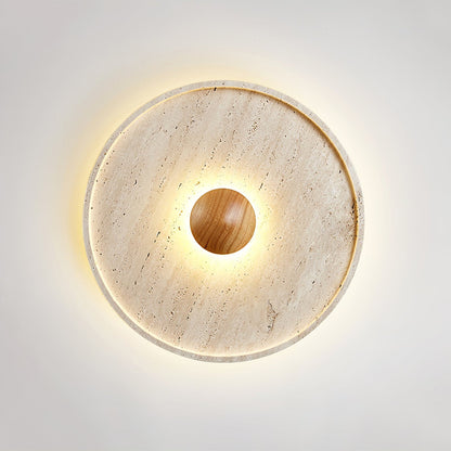 Tranquil Aura Ceiling Light | Yellow Travertine & Wood | 42cm Diameter
