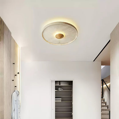 Tranquil Aura Ceiling Light | Yellow Travertine & Wood | 42cm Diameter