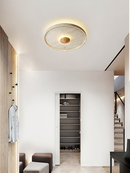 Tranquil Aura Ceiling Light | Yellow Travertine & Wood | 42cm Diameter