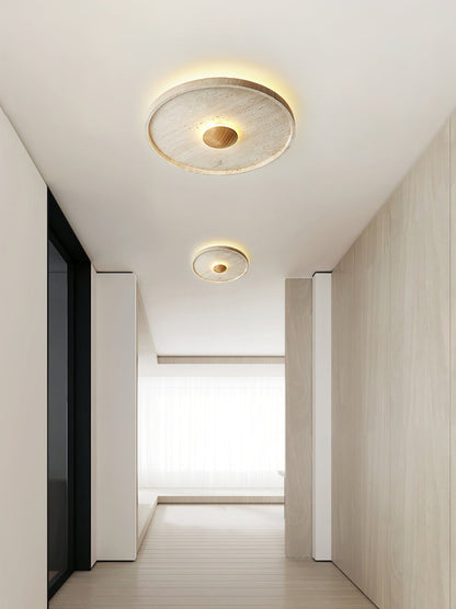 Tranquil Aura Ceiling Light | Yellow Travertine & Wood | 42cm Diameter