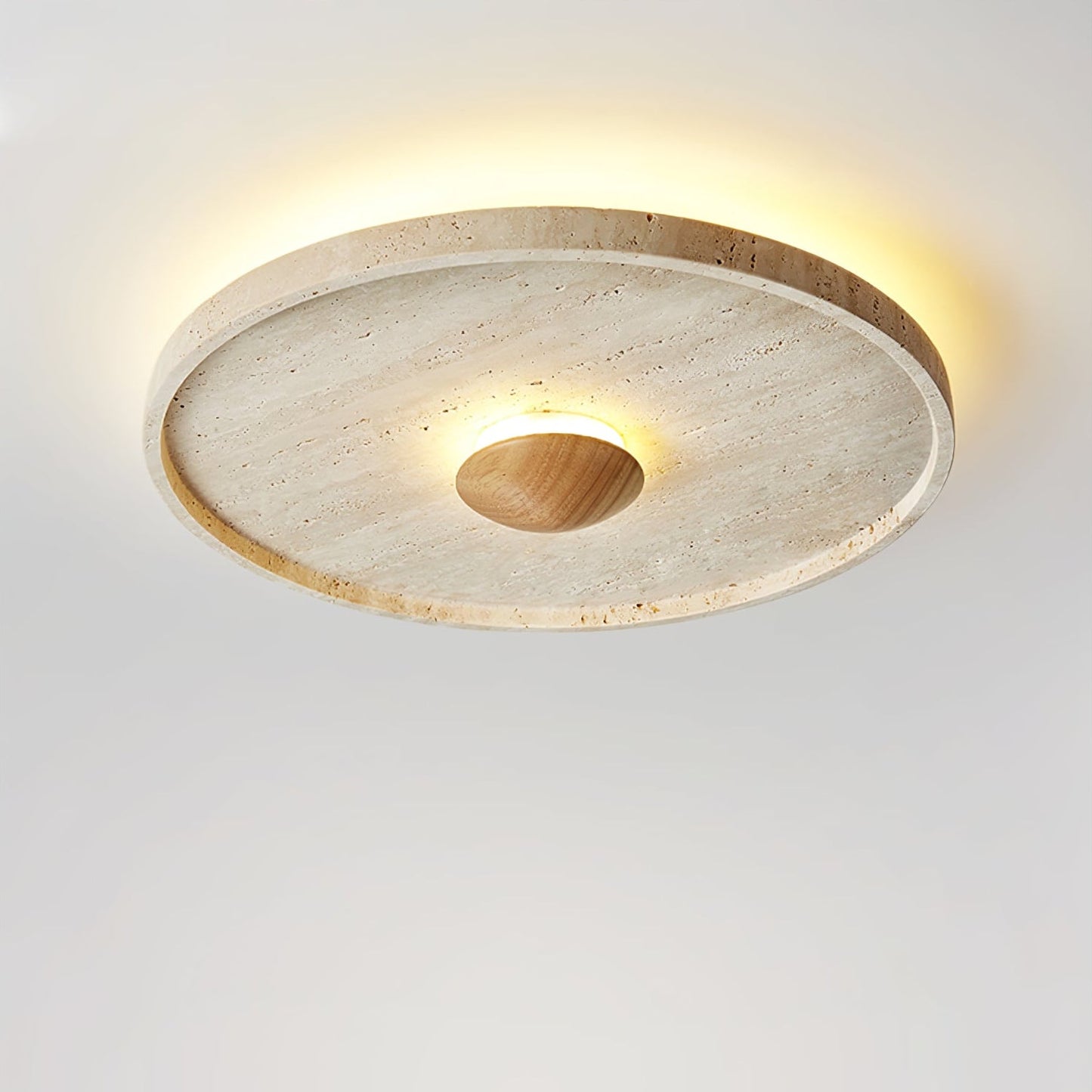 Tranquil Aura Ceiling Light | Yellow Travertine & Wood | 42cm Diameter