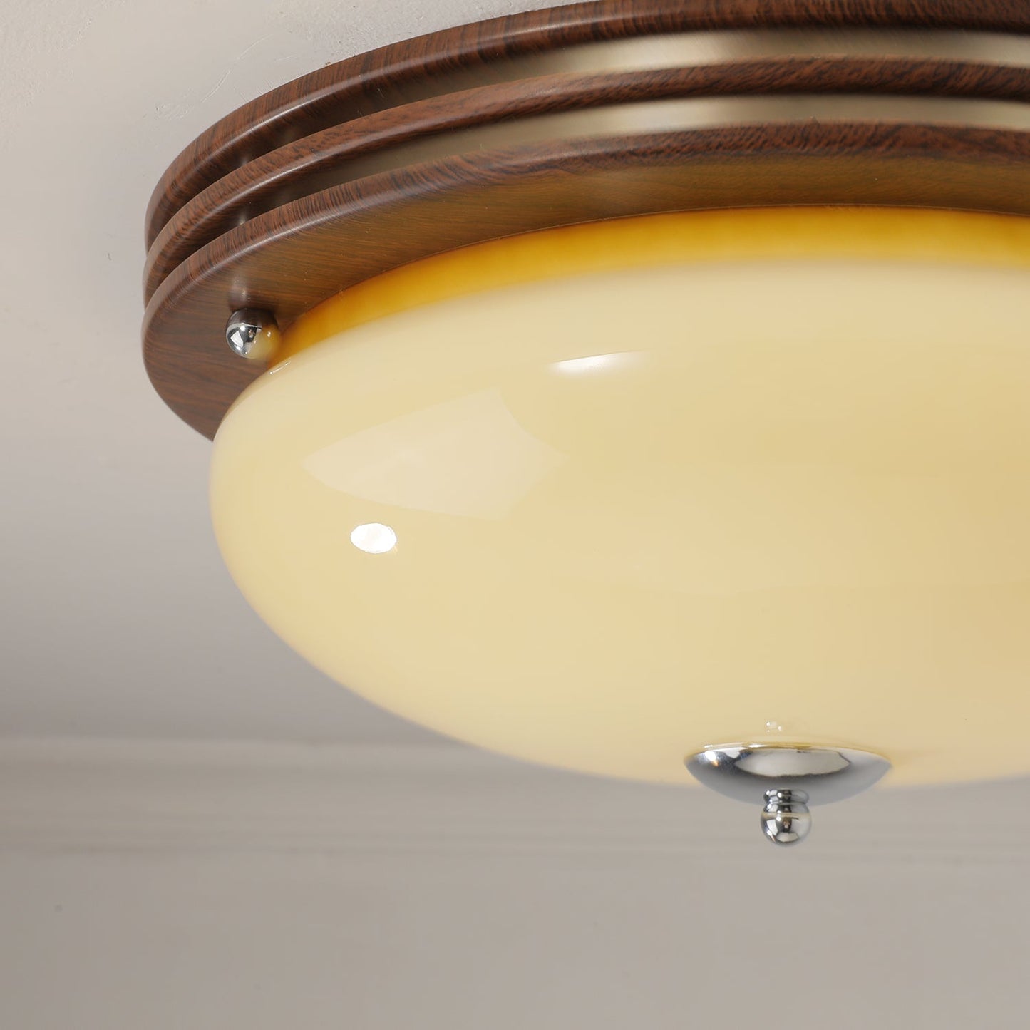Ceiling Light Fixture | Wood-Grain Metal & Frosted Glass | 40cm Diameter