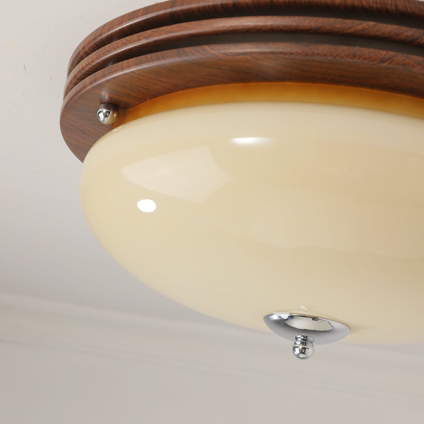 Ceiling Light Fixture | Wood-Grain Metal & Frosted Glass | 40cm Diameter