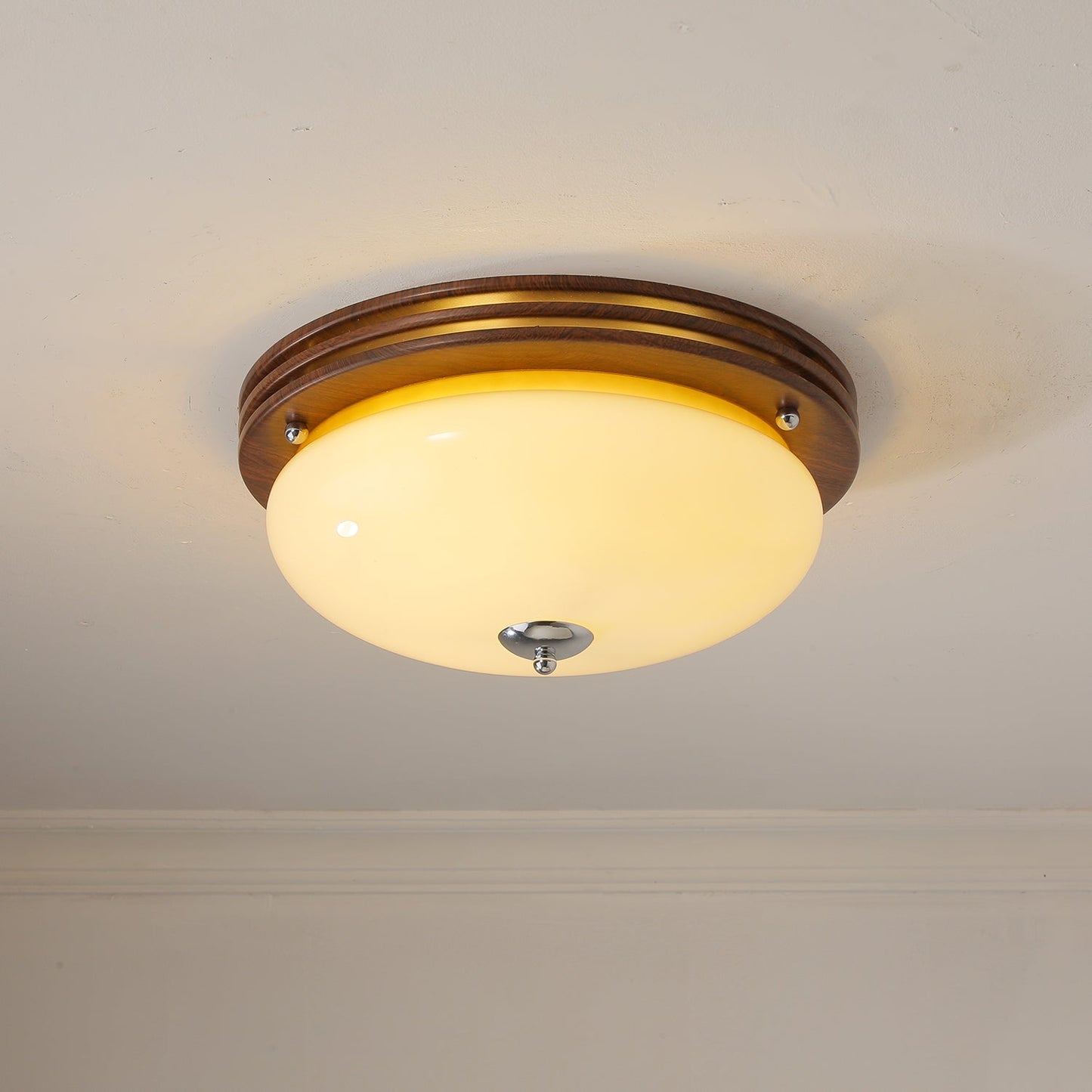 Ceiling Light Fixture | Wood-Grain Metal & Frosted Glass | 40cm Diameter
