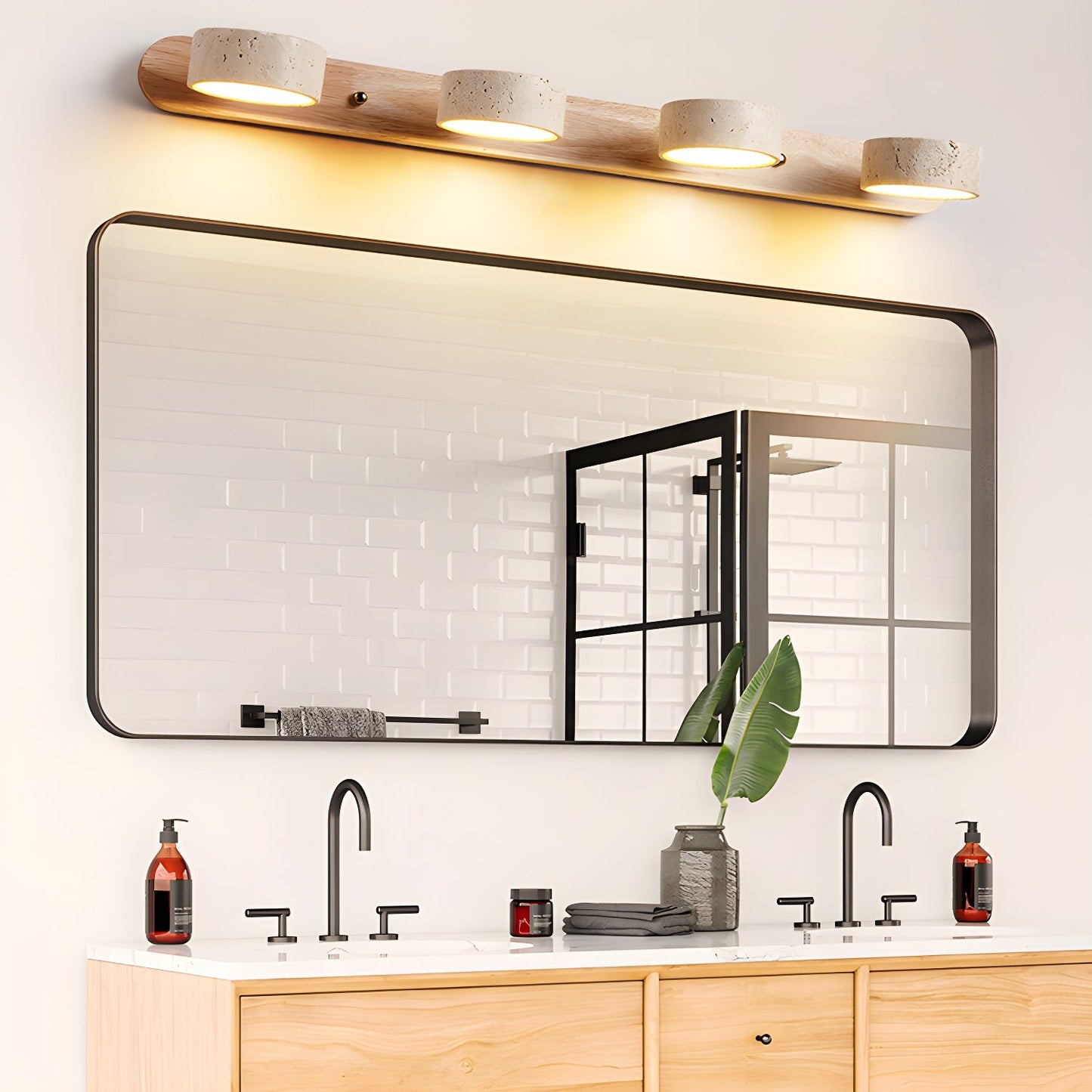 Travertine Wall Light | Yellow Travertine & Wood | 2-Lights