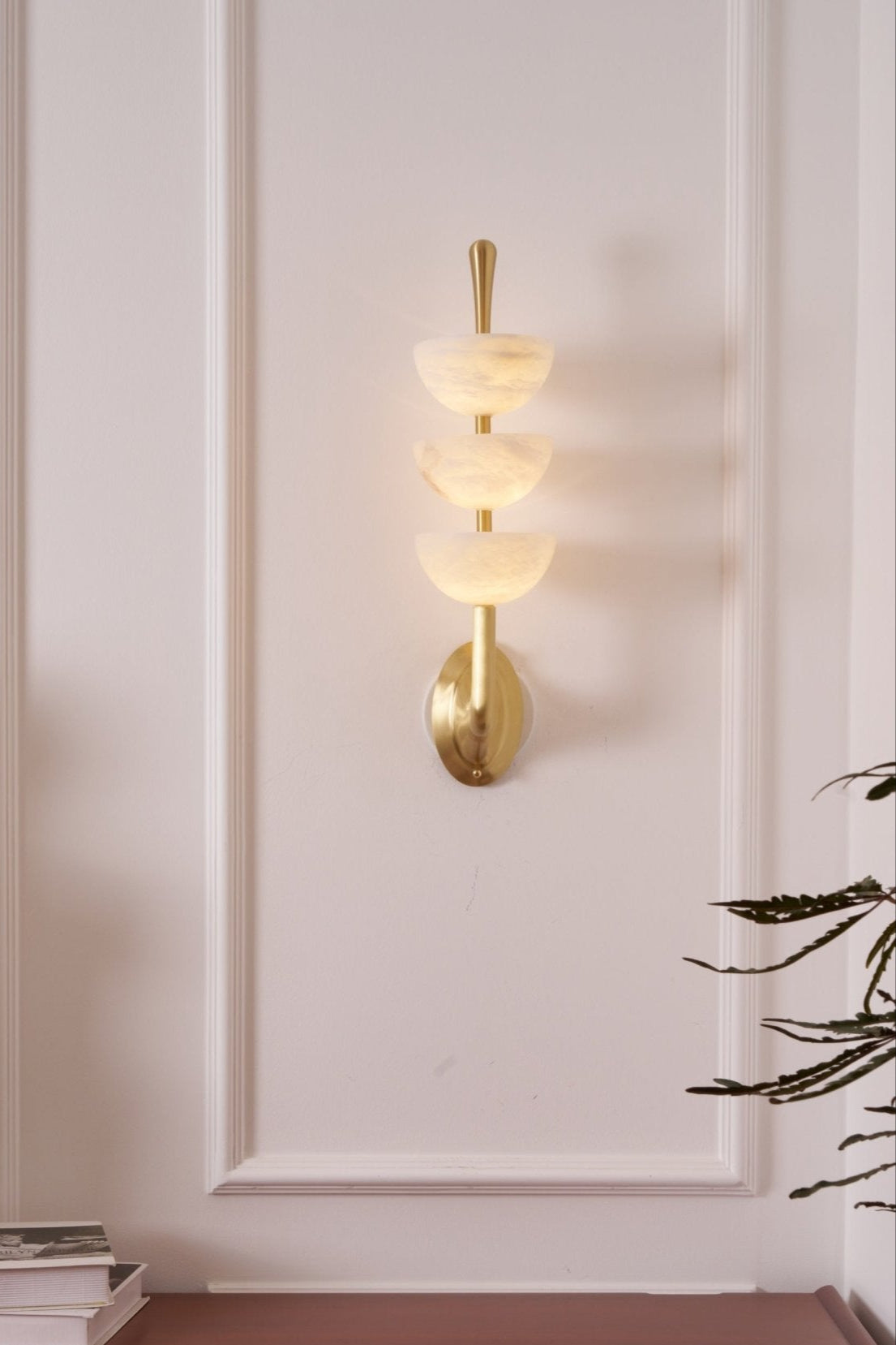 Alabaster Wall Sconce | Brass Frame & Alabaster Shades | Set of 2