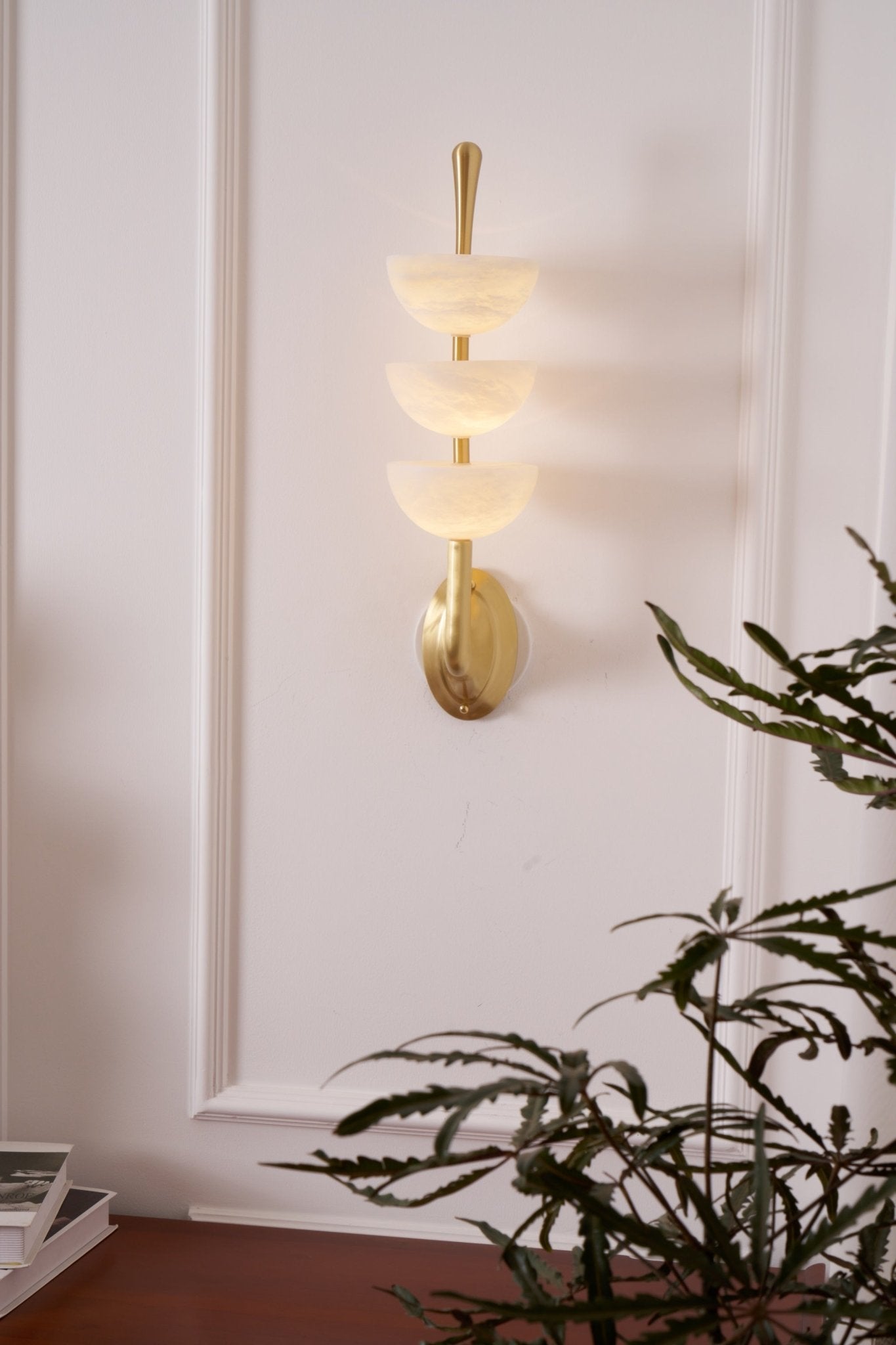 Alabaster Wall Sconce | Brass Frame & Alabaster Shades | Set of 2