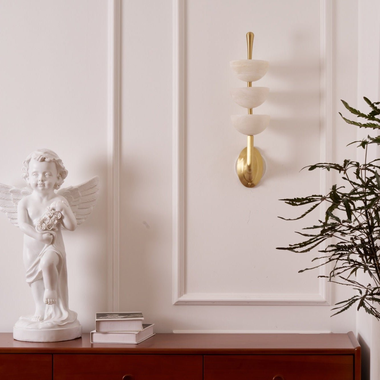Alabaster Wall Sconce | Brass Frame & Alabaster Shades | Set of 2