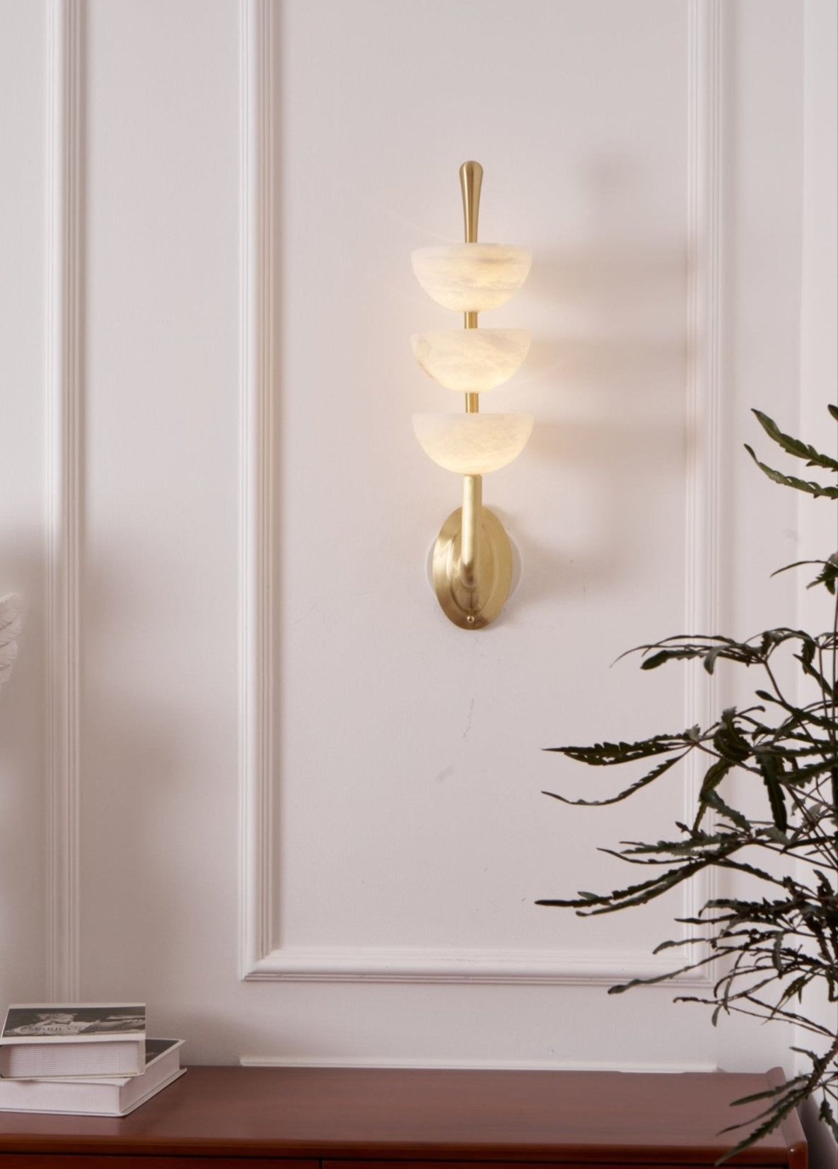 Alabaster Wall Sconce | Brass Frame & Alabaster Shades | Set of 2