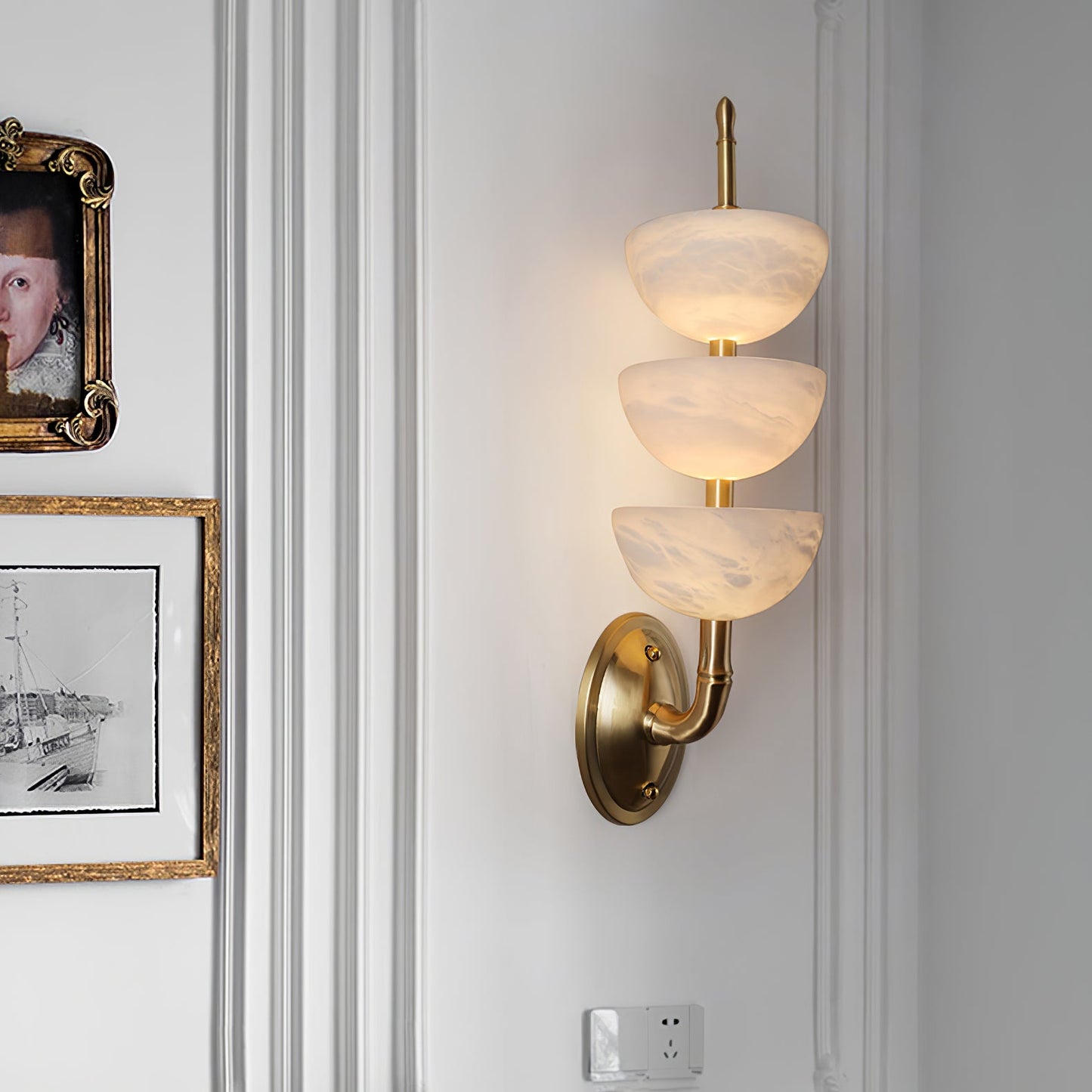 Alabaster Wall Sconce | Brass Frame & Alabaster Shades | Set of 2