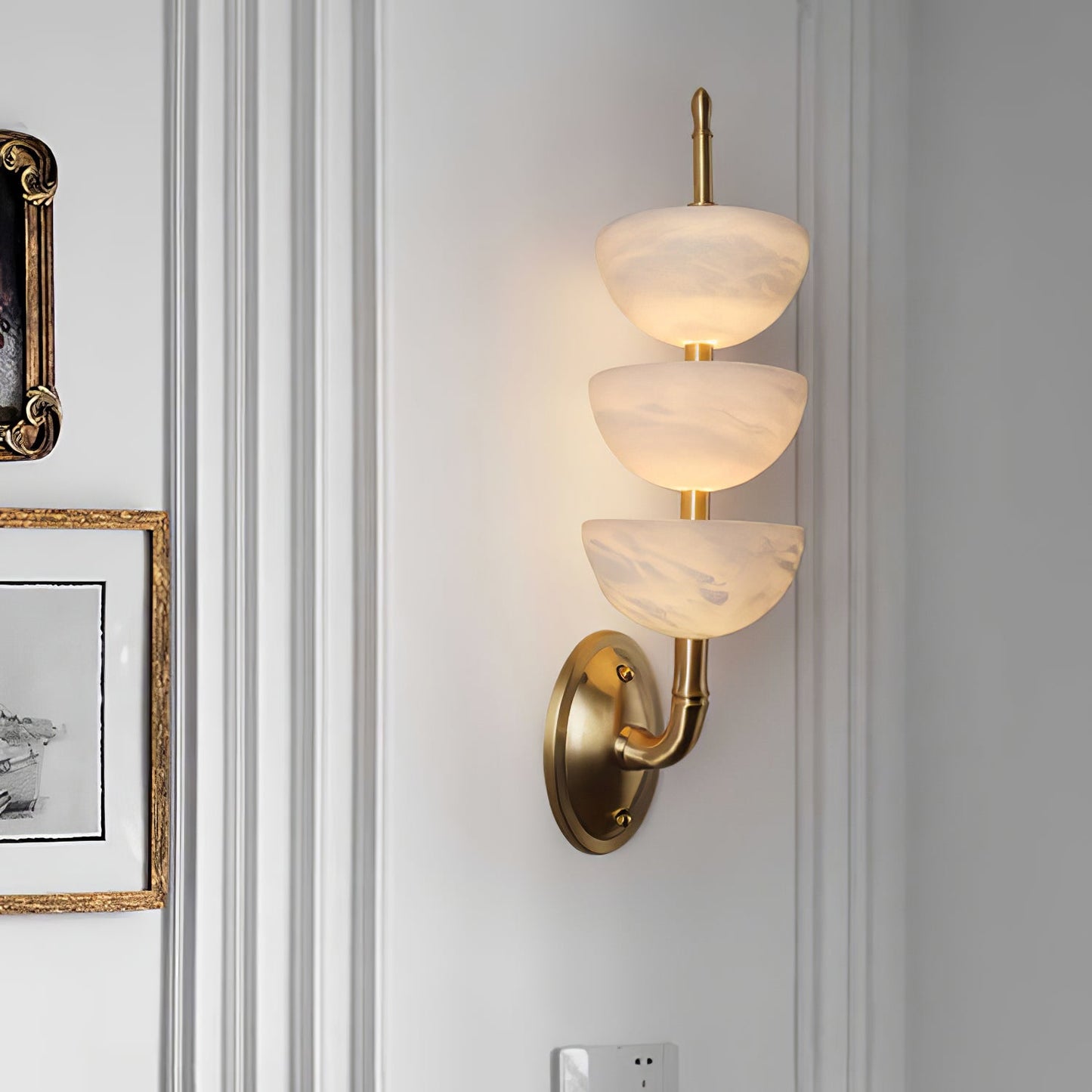 Alabaster Wall Sconce | Brass Frame & Alabaster Shades | Set of 2