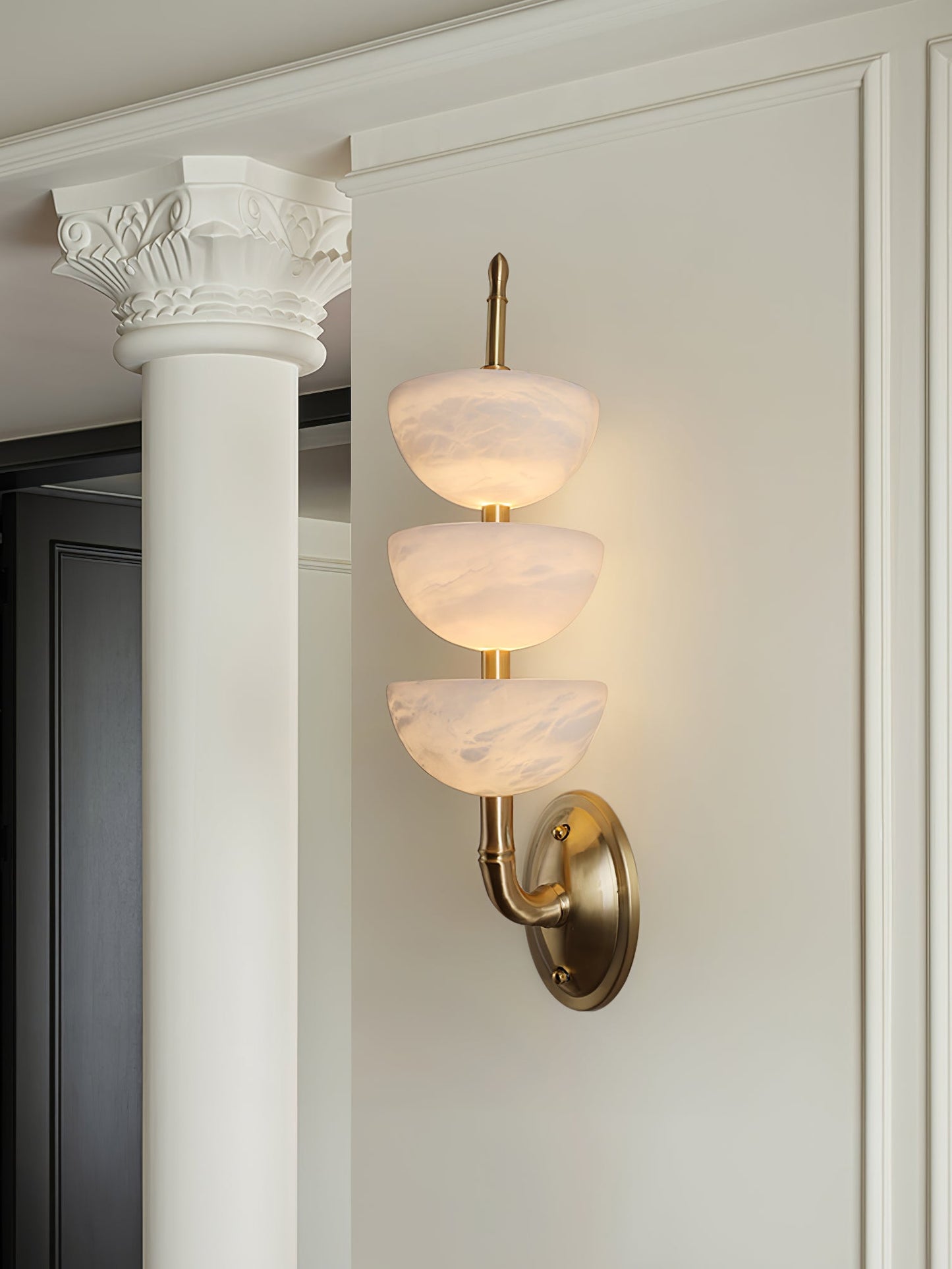 Alabaster Wall Sconce | Brass Frame & Alabaster Shades | Set of 2
