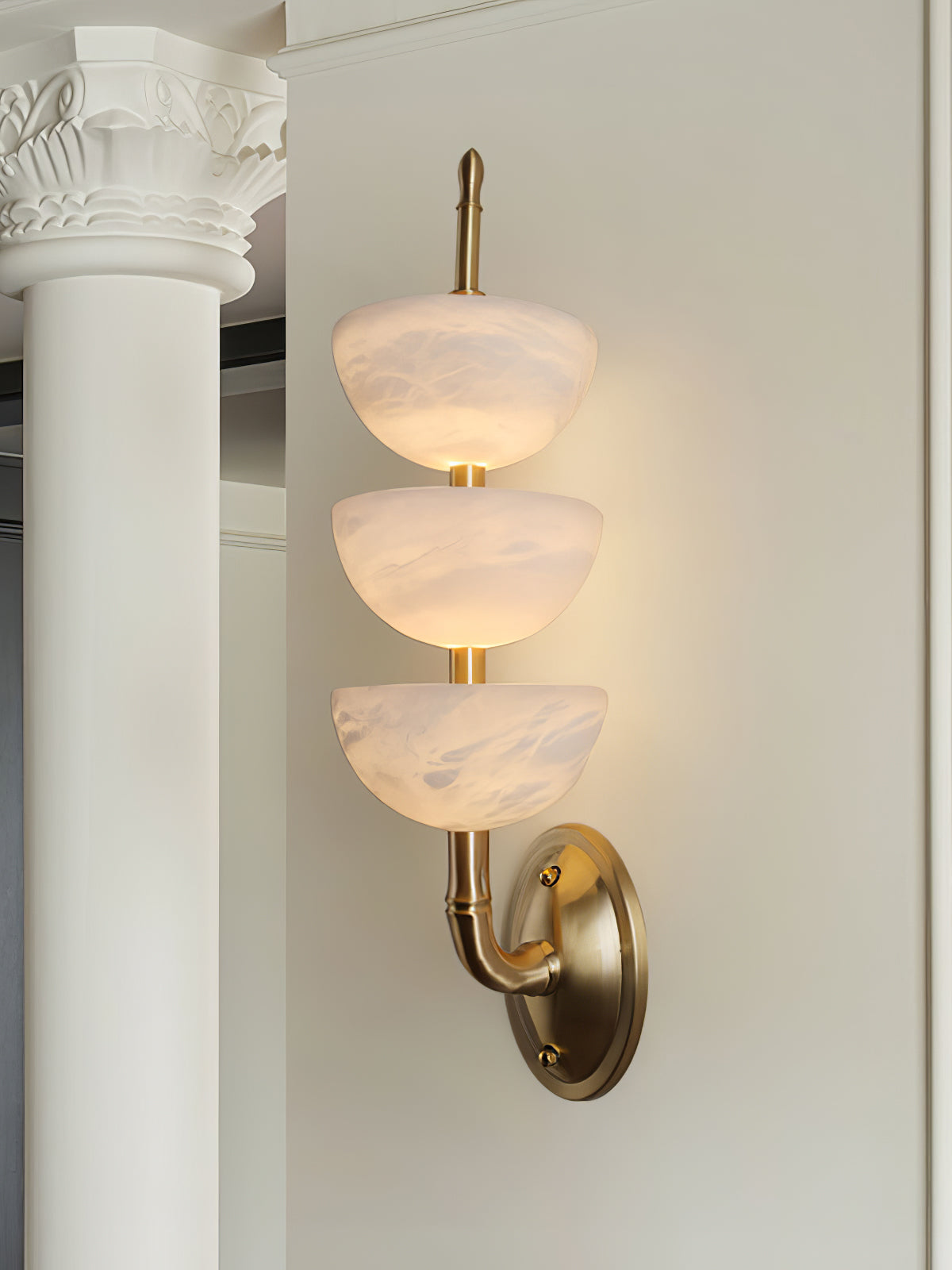 Alabaster Wall Sconce | Brass Frame & Alabaster Shades | Set of 2