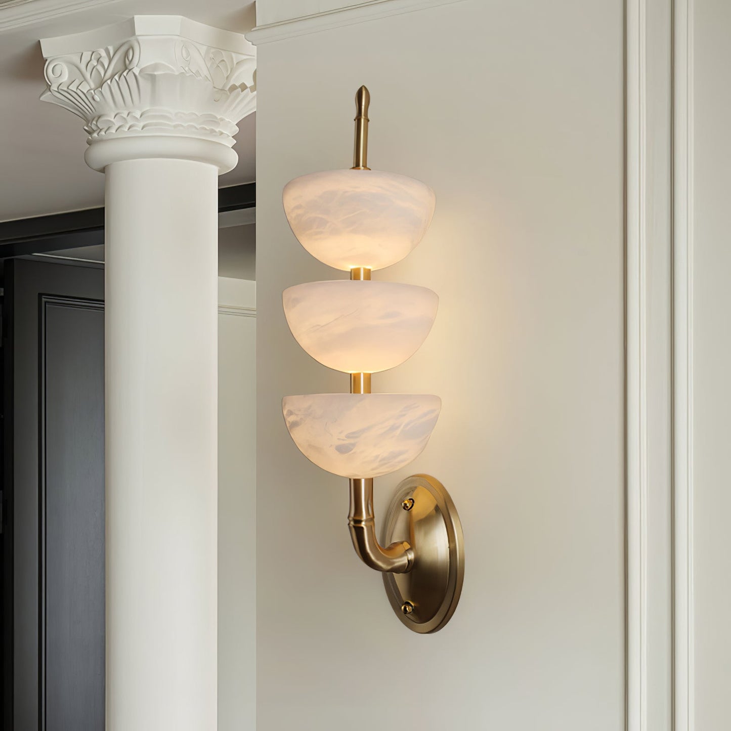 Alabaster Wall Sconce | Brass Frame & Alabaster Shades | Set of 2