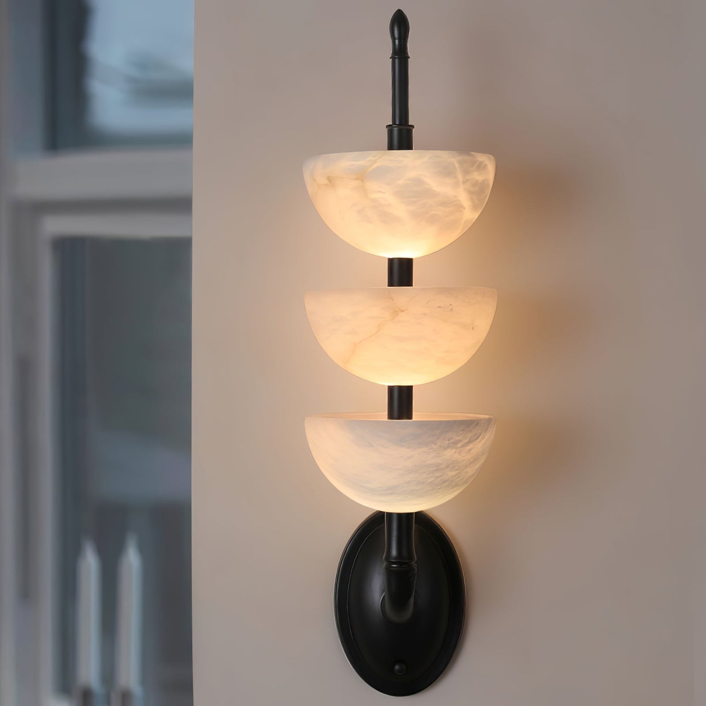 Alabaster Wall Sconce | Brass Frame & Alabaster Shades | Set of 2
