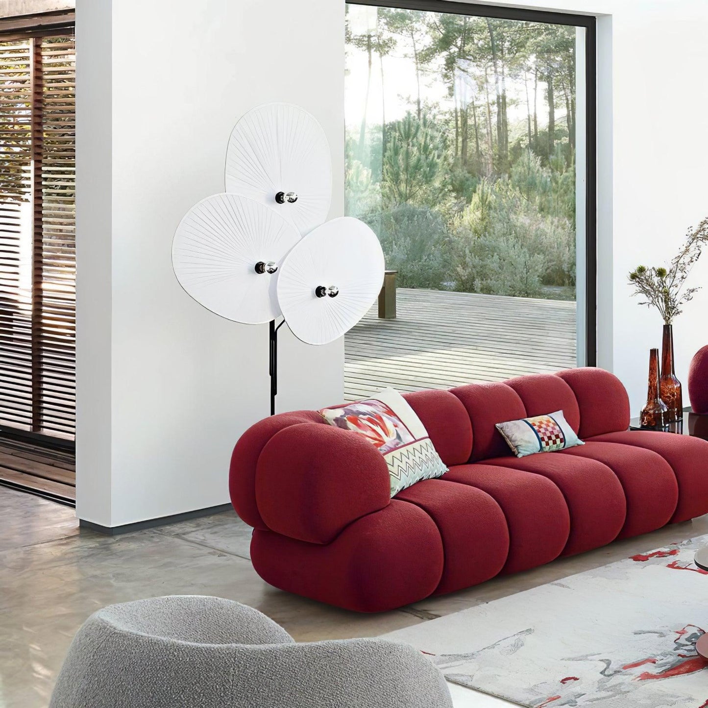 Floral Floor Lamp | Metal & Fabric | Black Frame, Red/Blue/White Shades