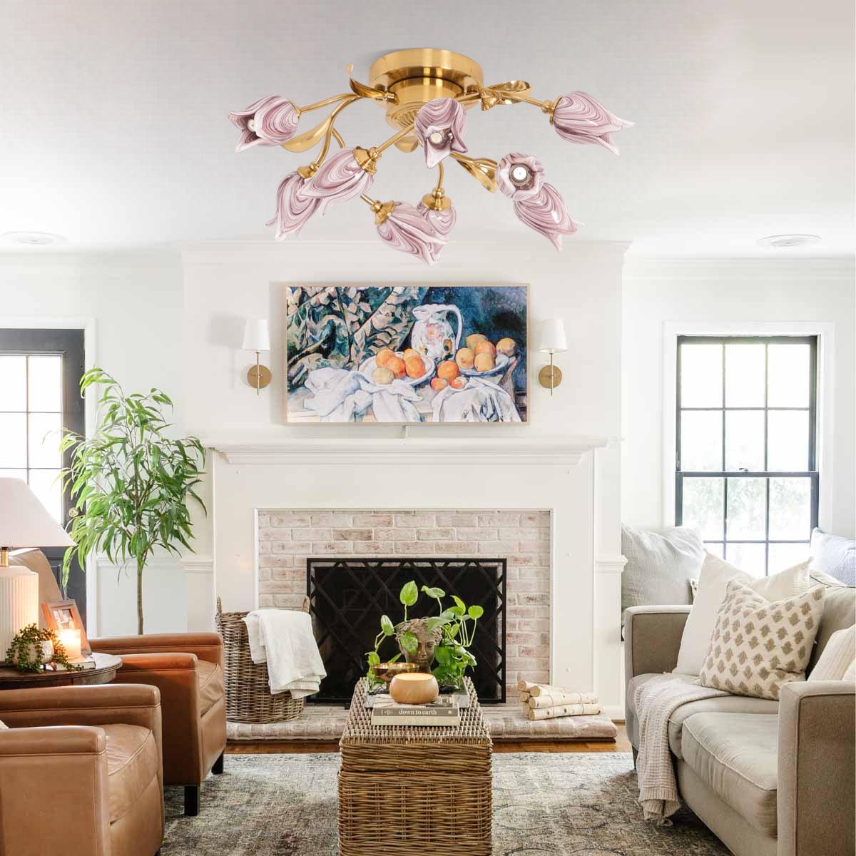 Tulip Ceiling Lamp | Glass & Metal | Pink and White