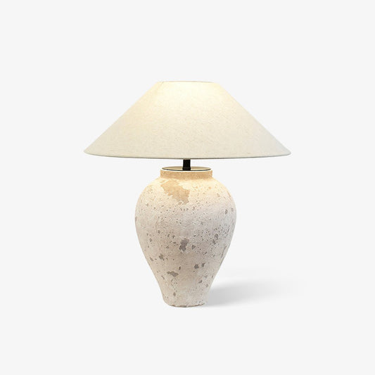 Tuscan Stone Table Lamp | Weathered Ceramic & Metal | Beige Shade