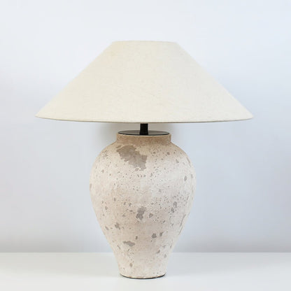 Tuscan Stone Table Lamp | Weathered Ceramic & Metal | Beige Shade