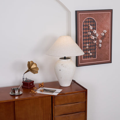Tuscan Stone Table Lamp | Weathered Ceramic & Metal | Beige Shade