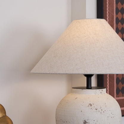 Tuscan Stone Table Lamp | Weathered Ceramic & Metal | Beige Shade