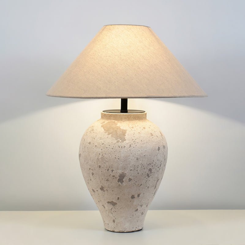 Tuscan Stone Table Lamp | Weathered Ceramic & Metal | Beige Shade
