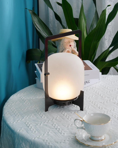 Twilight Lantern Table Lamp | Handcrafted White Glass Shade | Stainless Steel