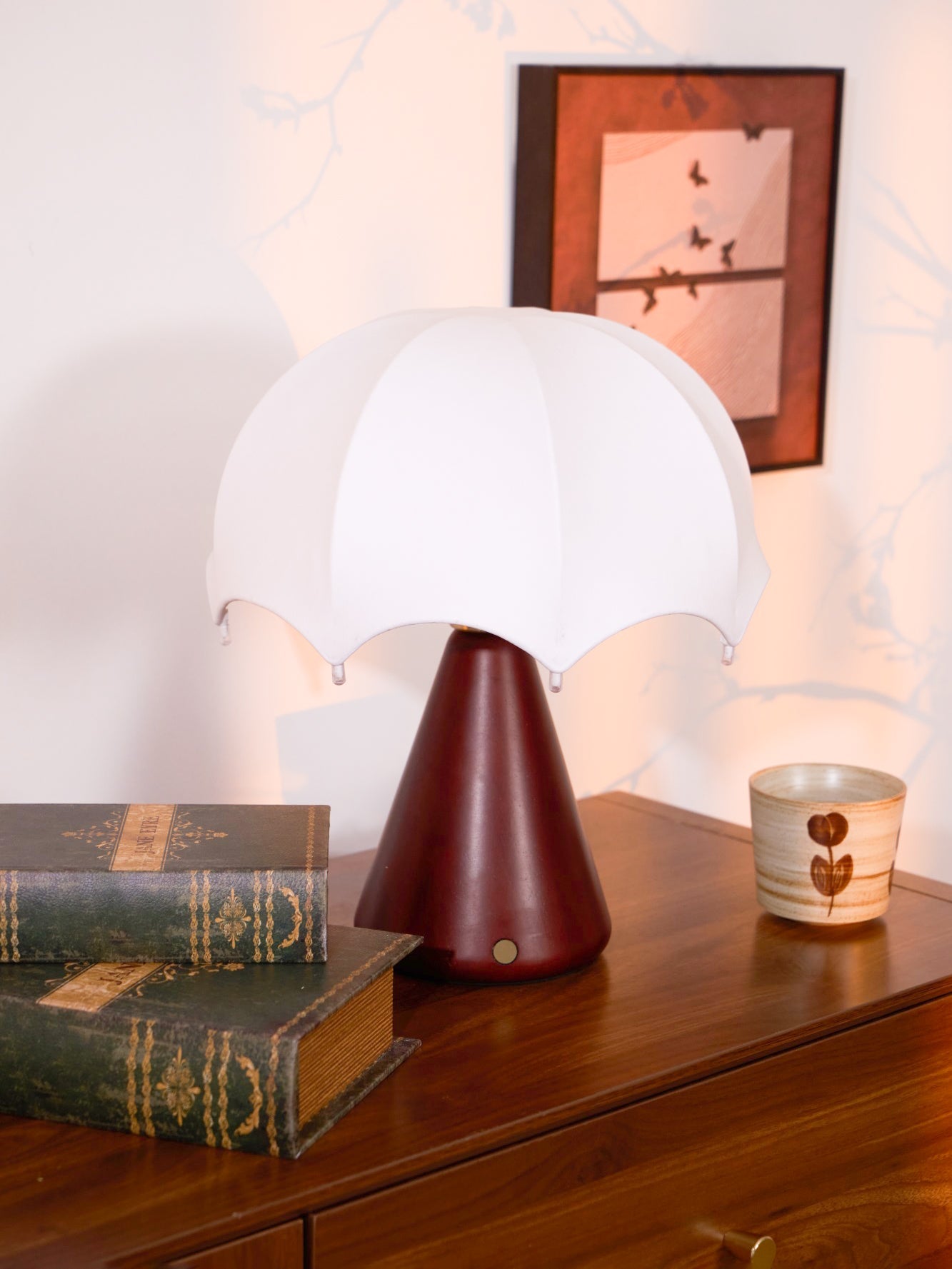 Silk Table Lamp | Rechargeable LED | White Shade & Walnut Base