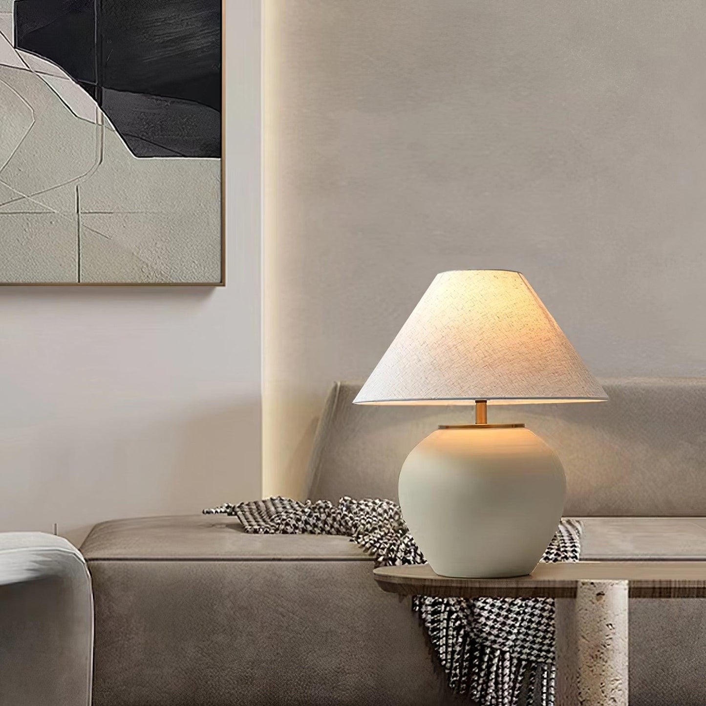 Upsala Ekeby Table Lamp | Handcrafted Ceramic & Metal | Beige with White Shade