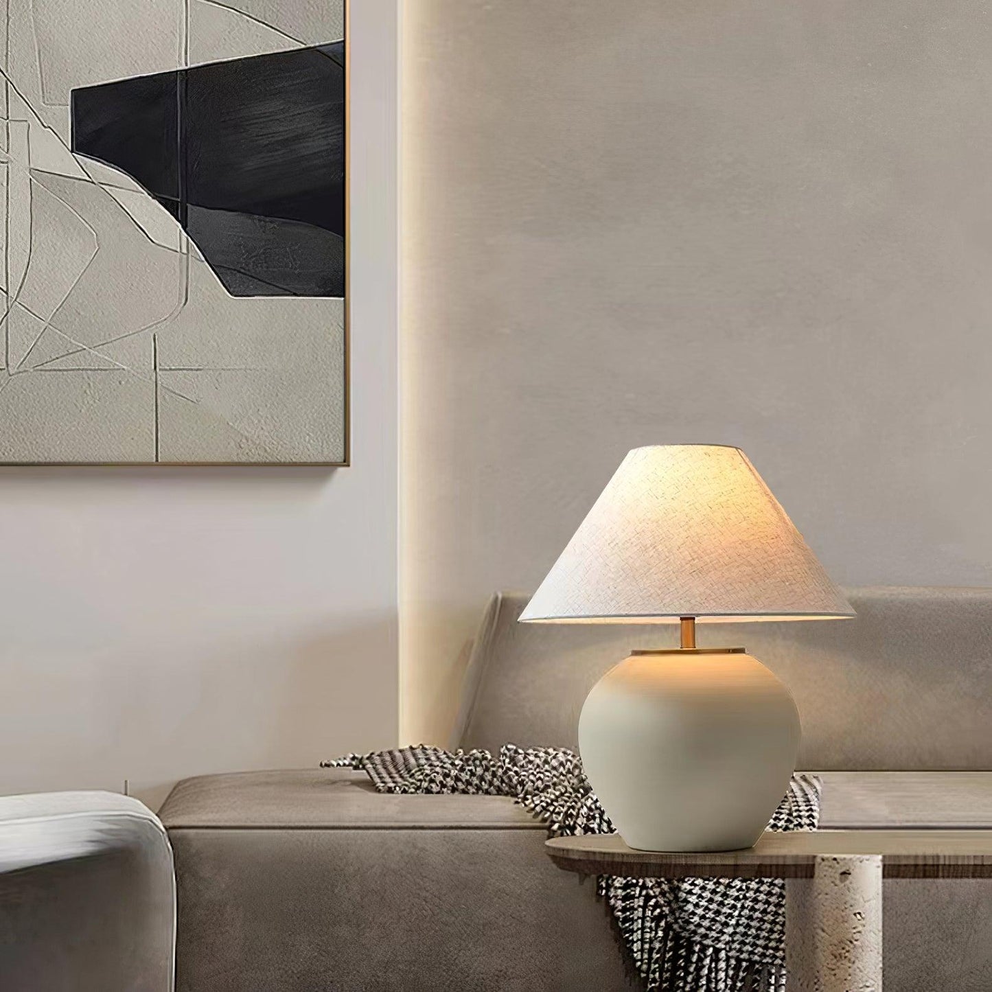 Upsala Ekeby Table Lamp | Handcrafted Ceramic & Metal | Beige with White Shade