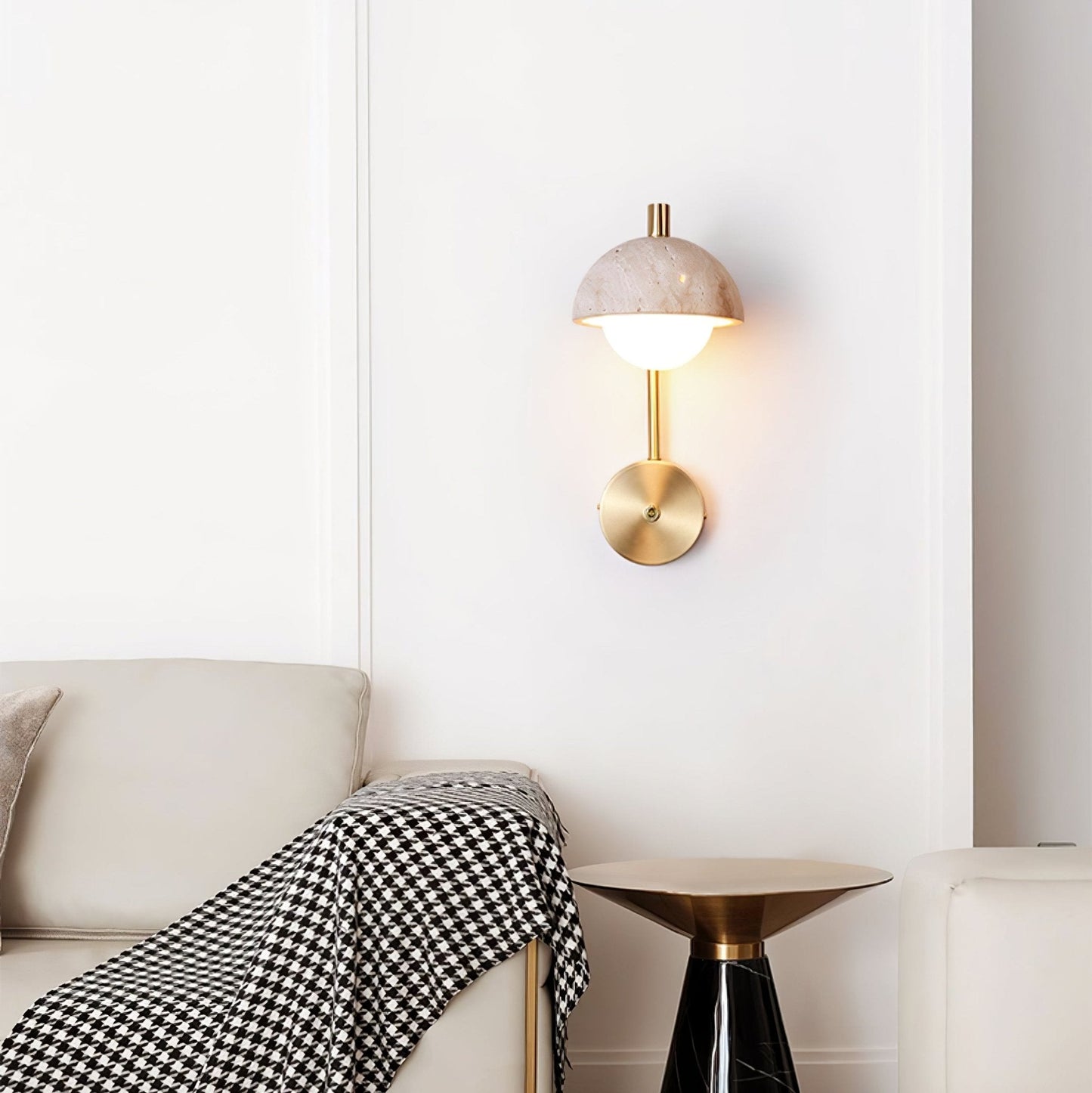 Vellum Wall Lamp | Yellow Travertine & Opal Glass | 15cm Diameter