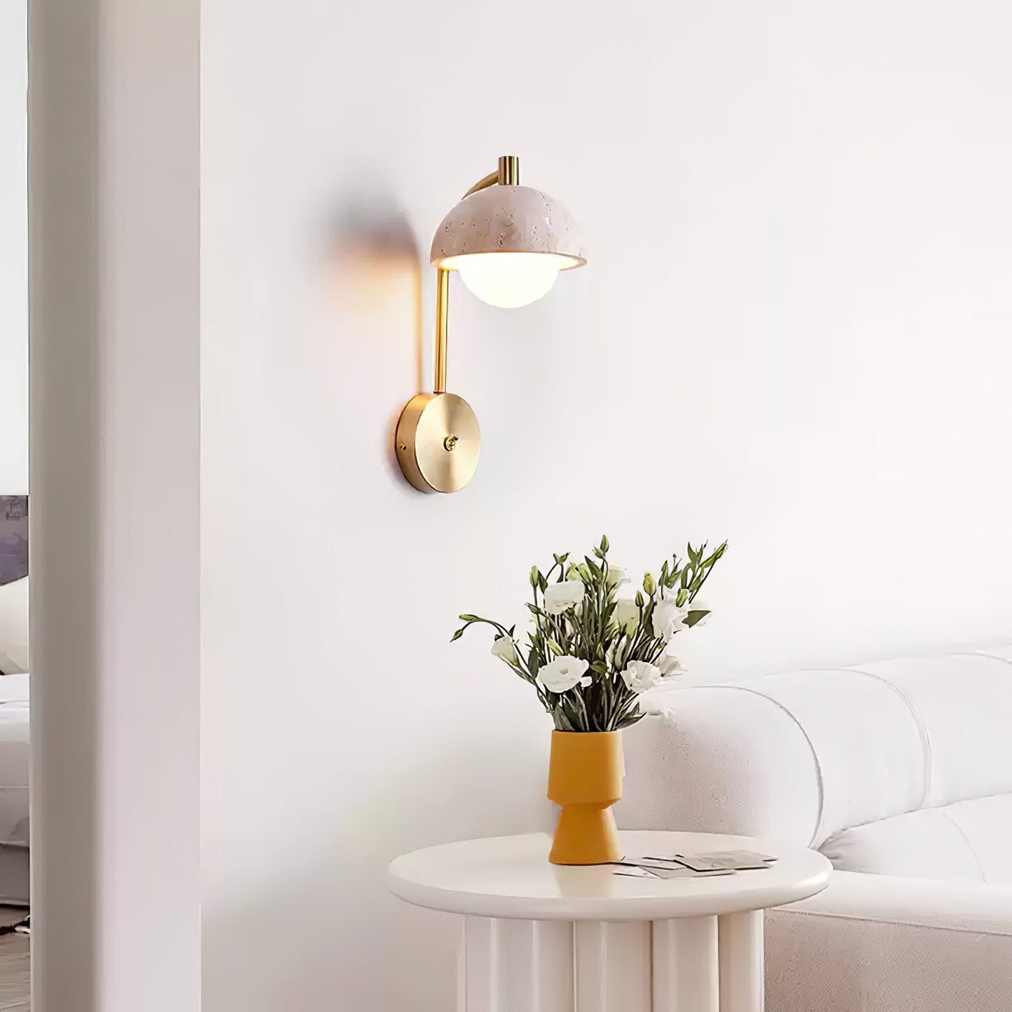 Vellum Wall Lamp | Yellow Travertine & Opal Glass | 15cm Diameter