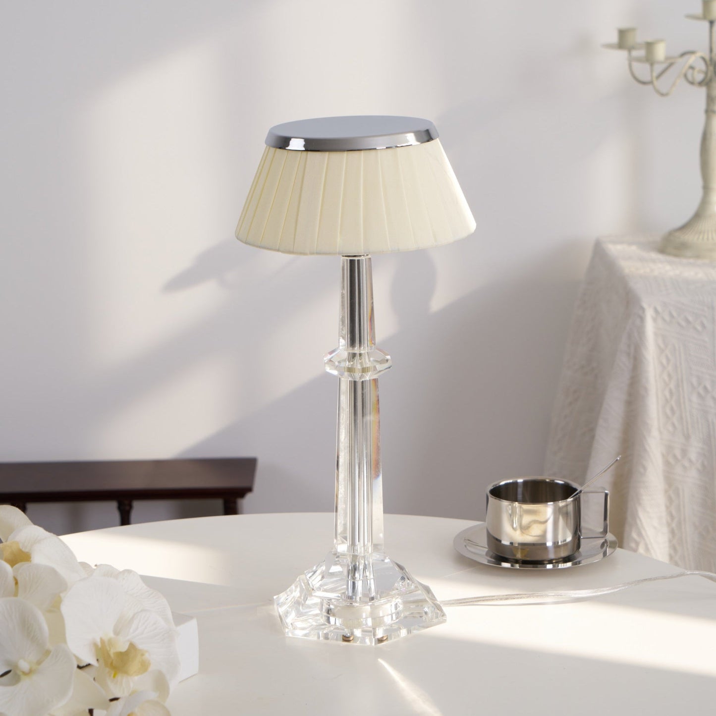 Versailles Table Lamp | Metal & Glass | Chrome Finish, White Shade
