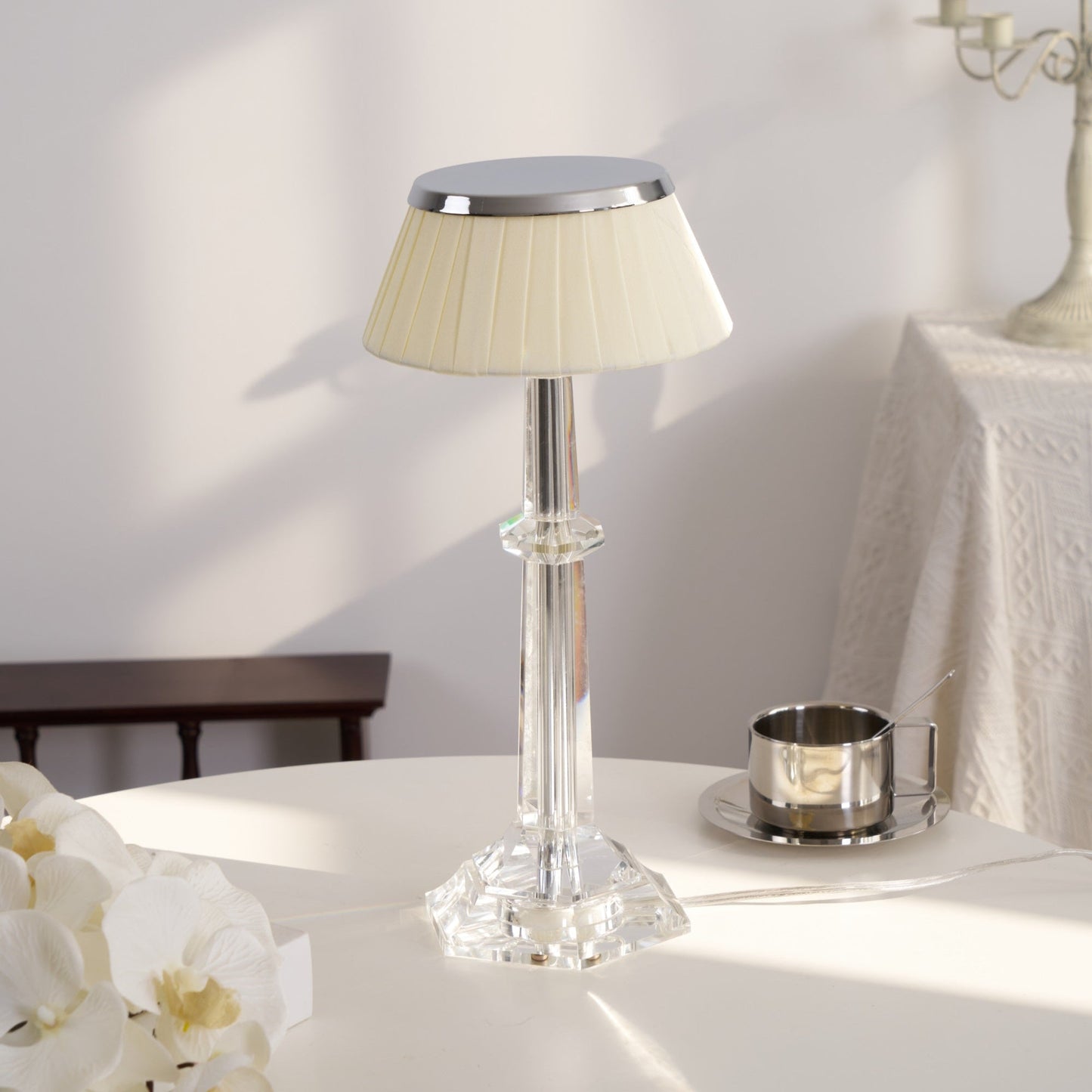 Versailles Table Lamp | Metal & Glass | Chrome Finish, White Shade