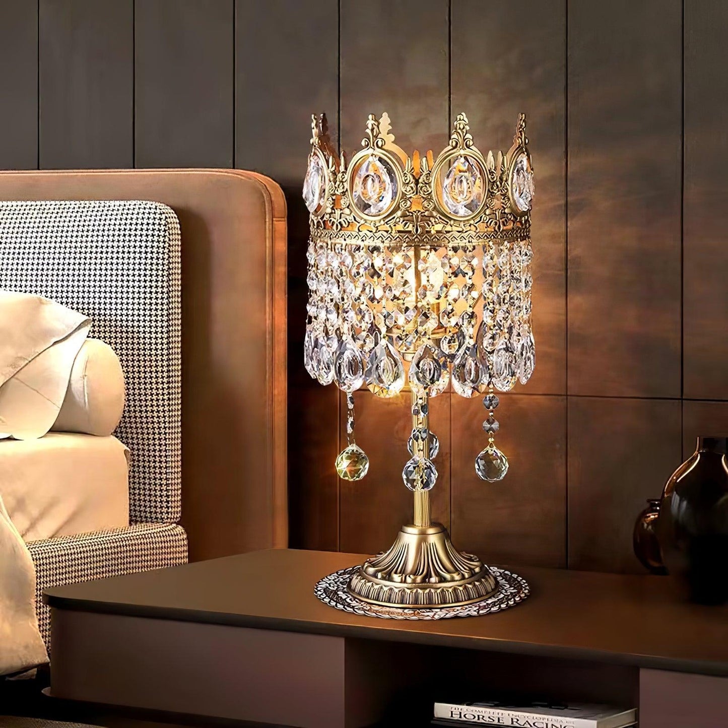 Vintage Crystal Table Lamp | Clear Crystals & Copper Plating | 20cm Diameter
