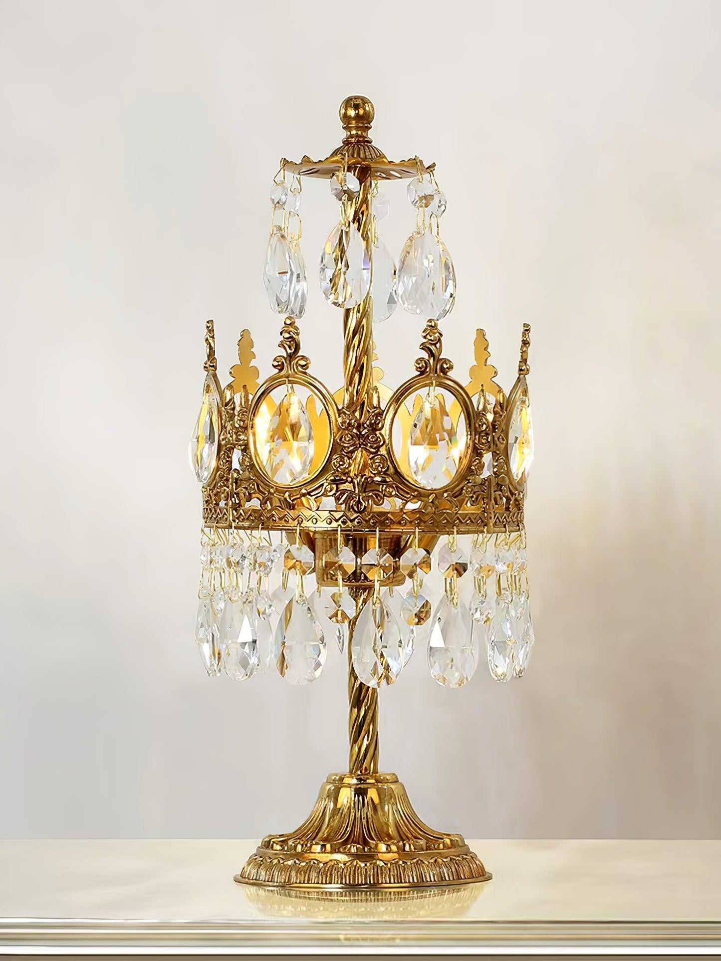 Vintage Crystal Table Lamp | Clear Crystals & Copper Plating | 20cm Diameter