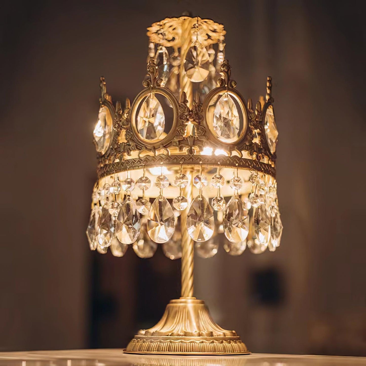 Vintage Crystal Table Lamp | Clear Crystals & Copper Plating | 20cm Diameter