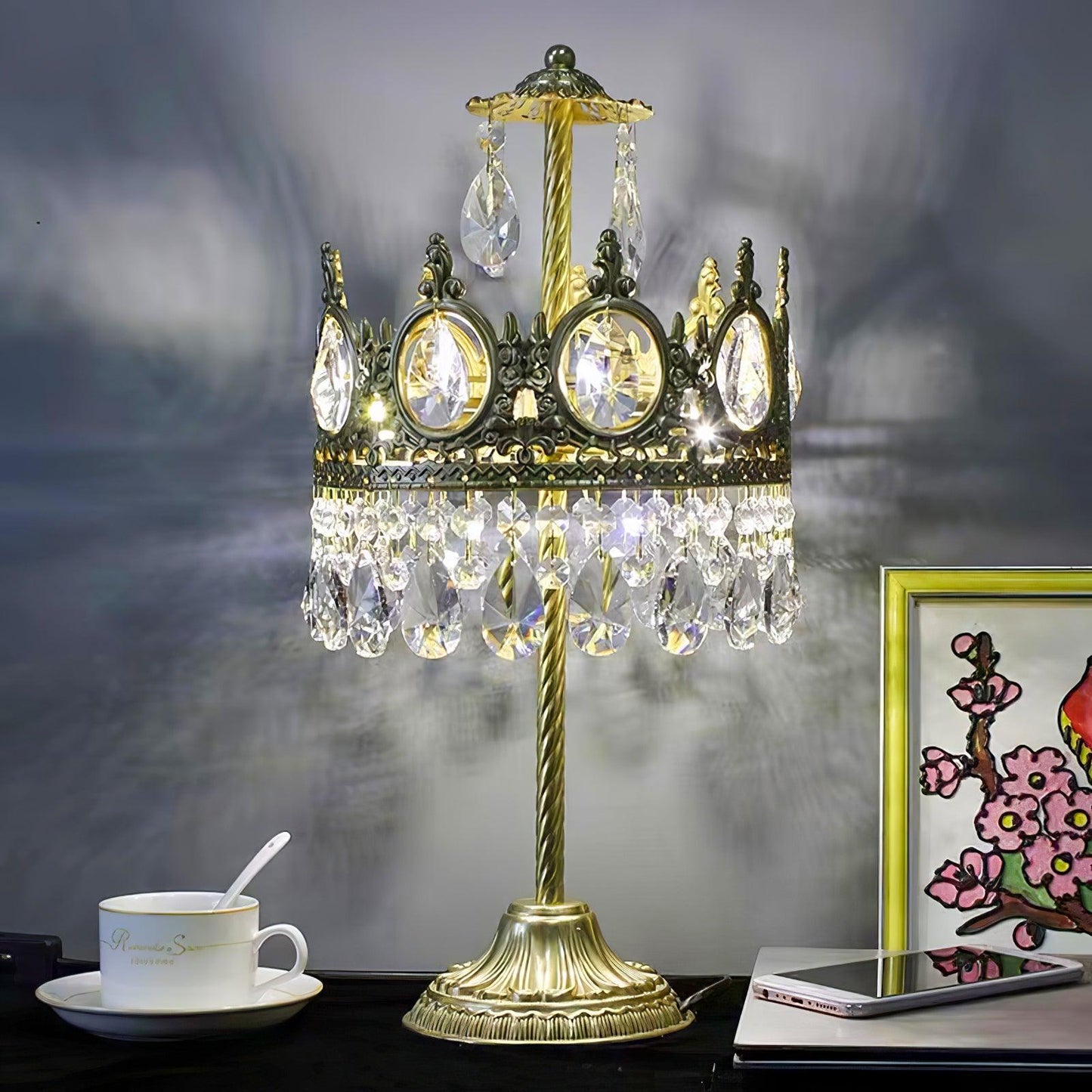 Vintage Crystal Table Lamp | Clear Crystals & Copper Plating | 20cm Diameter