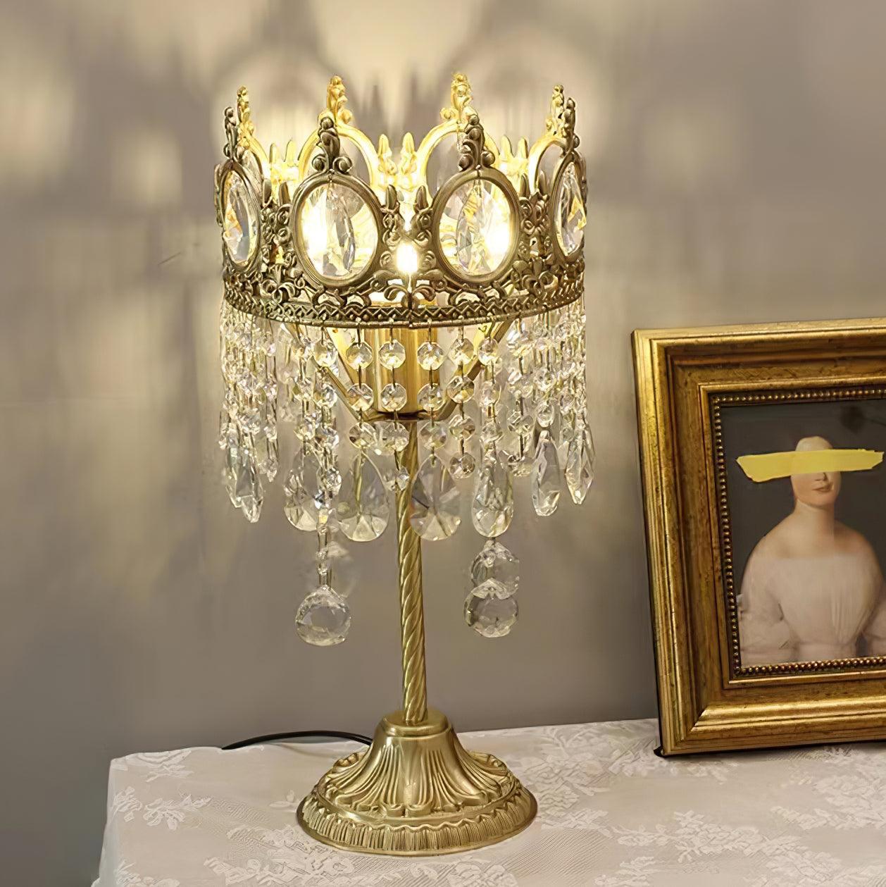 Vintage Crystal Table Lamp | Clear Crystals & Copper Plating | 20cm Diameter