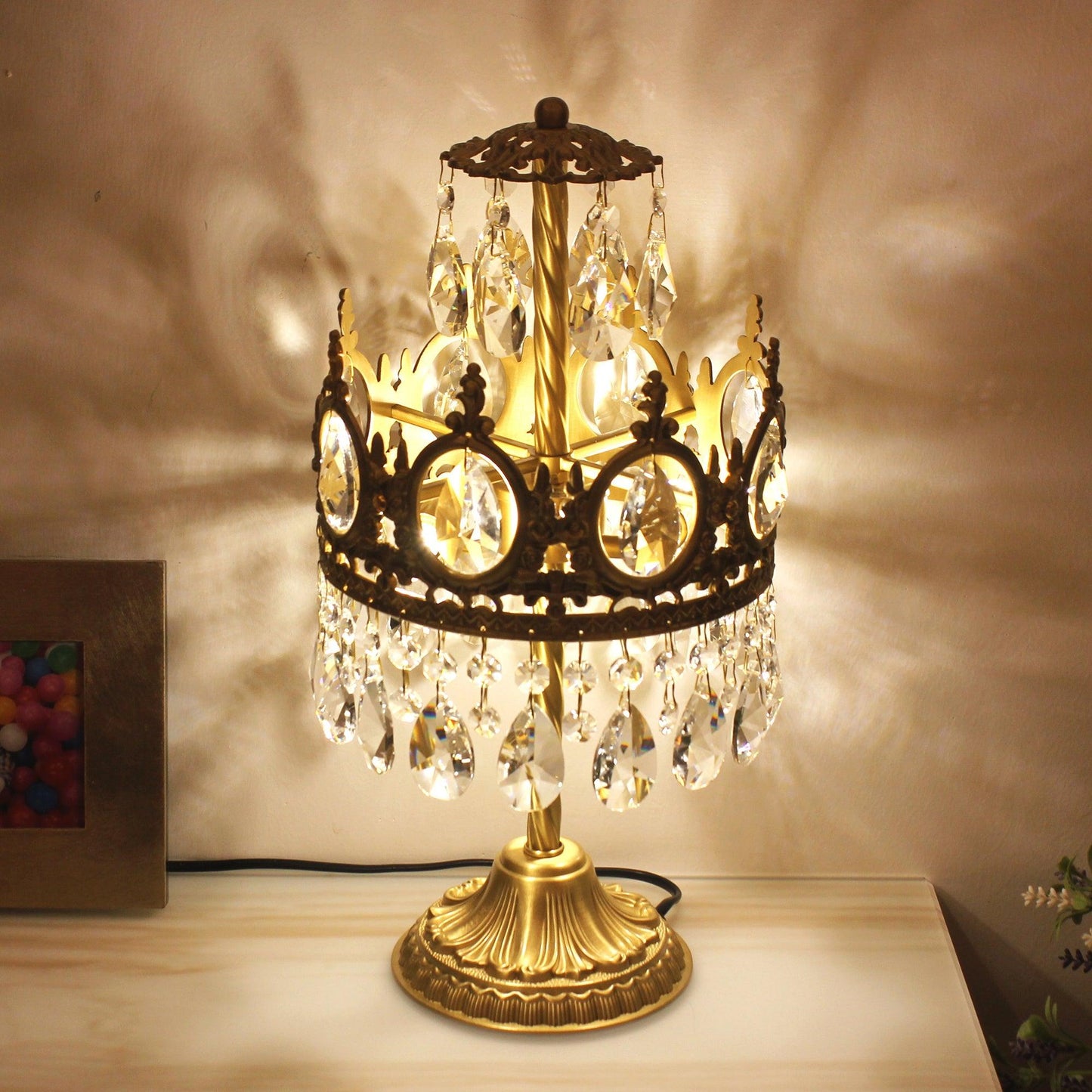 Vintage Crystal Table Lamp | Clear Crystals & Copper Plating | 20cm Diameter