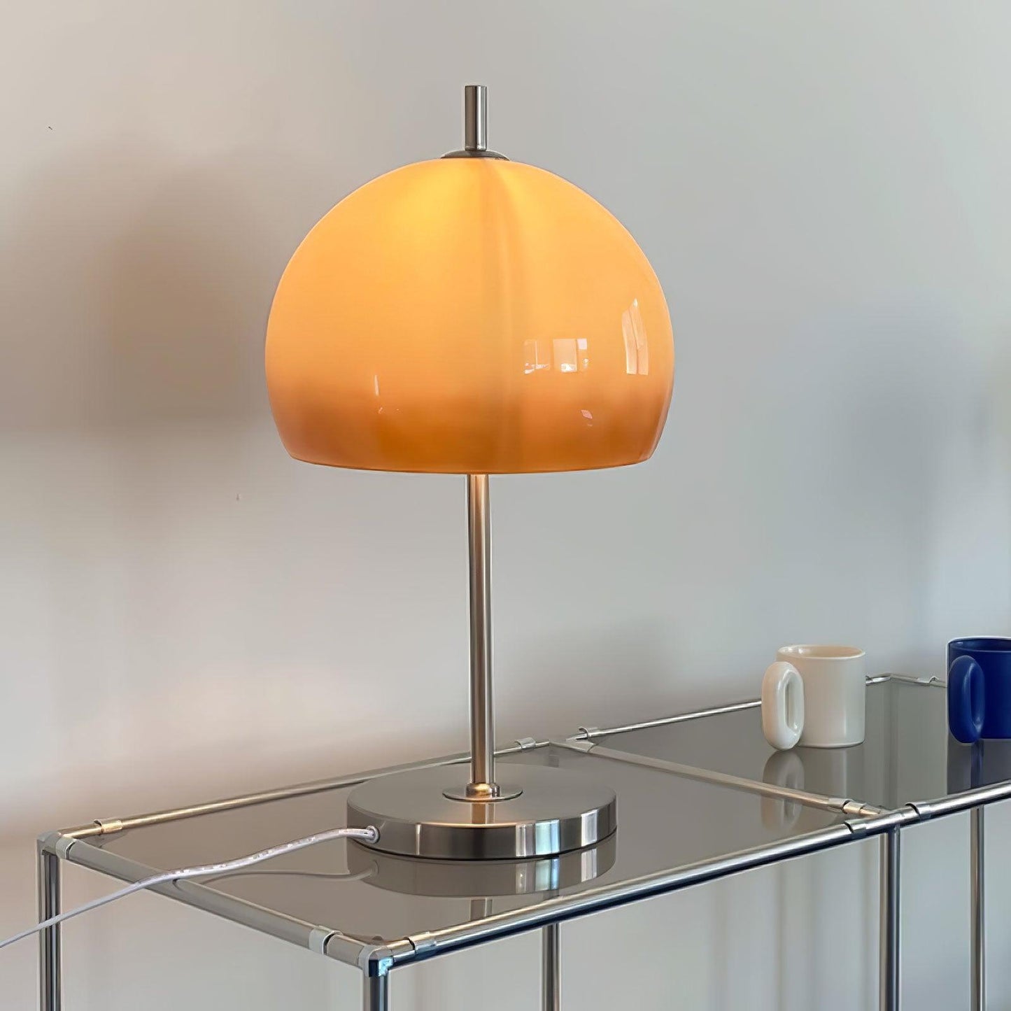 Bauhaus Table Lamp | Amber Glass Shade | Chrome Finish