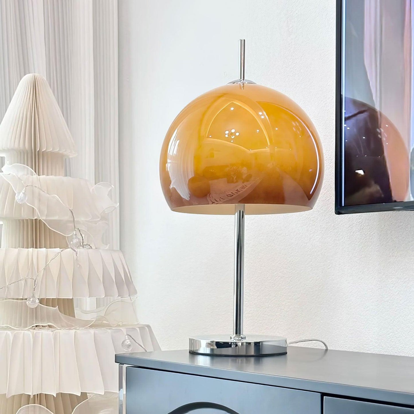 Bauhaus Table Lamp | Amber Glass Shade | Chrome Finish