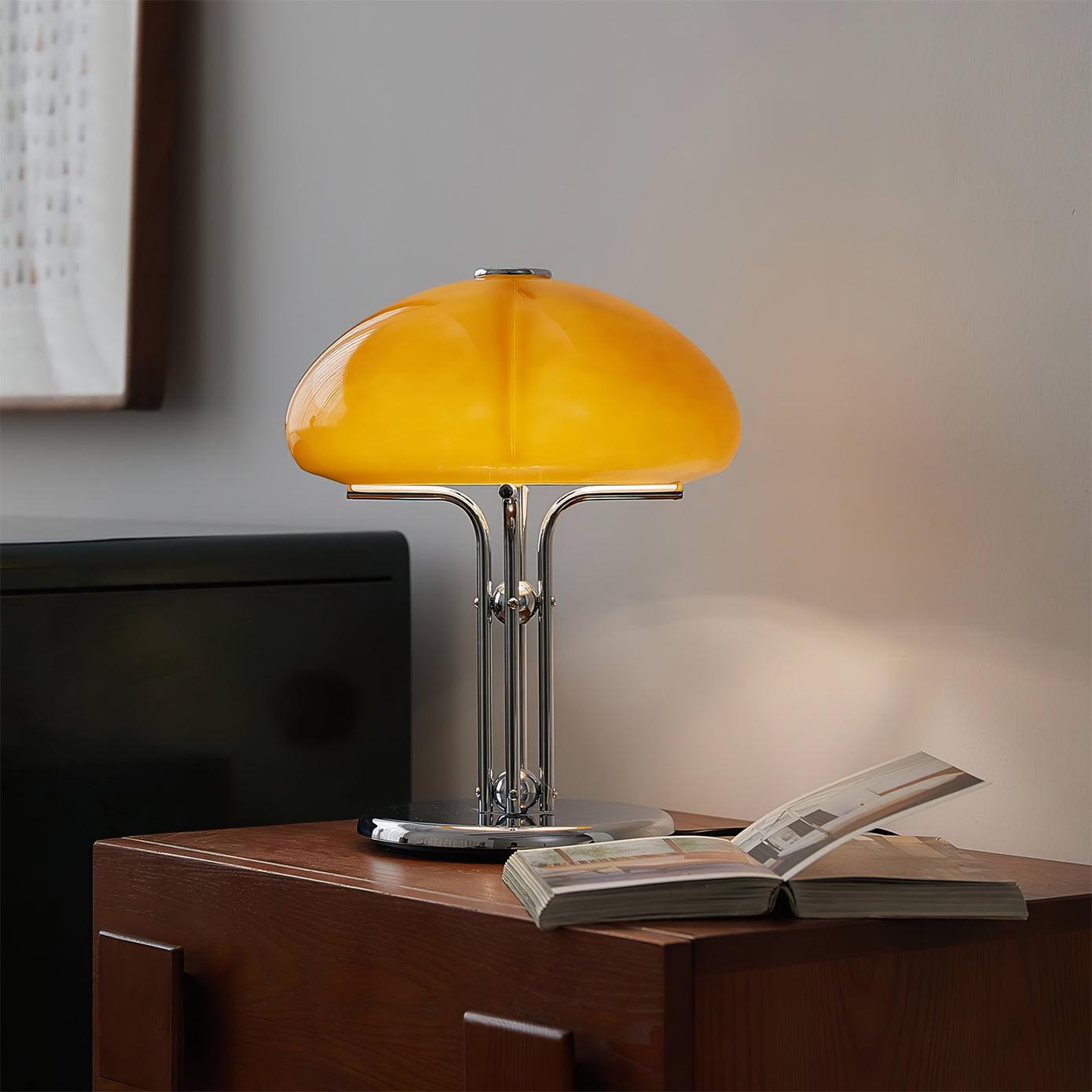 Bauhaus Table Lamp | Amber Glass Shade | Chrome Finish