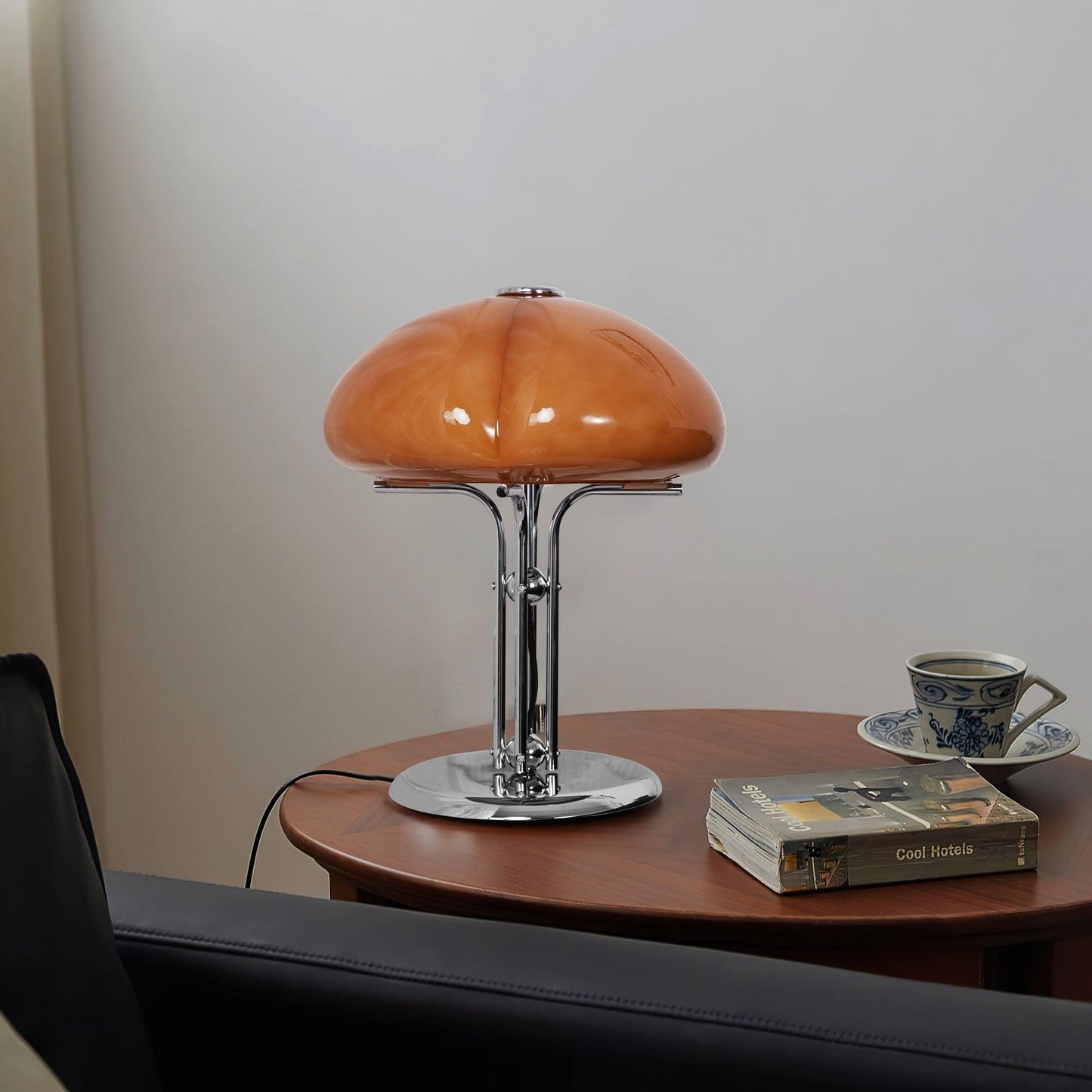 Bauhaus Table Lamp | Amber Glass Shade | Chrome Finish