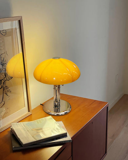 Bauhaus Table Lamp | Amber Glass Shade | Chrome Finish