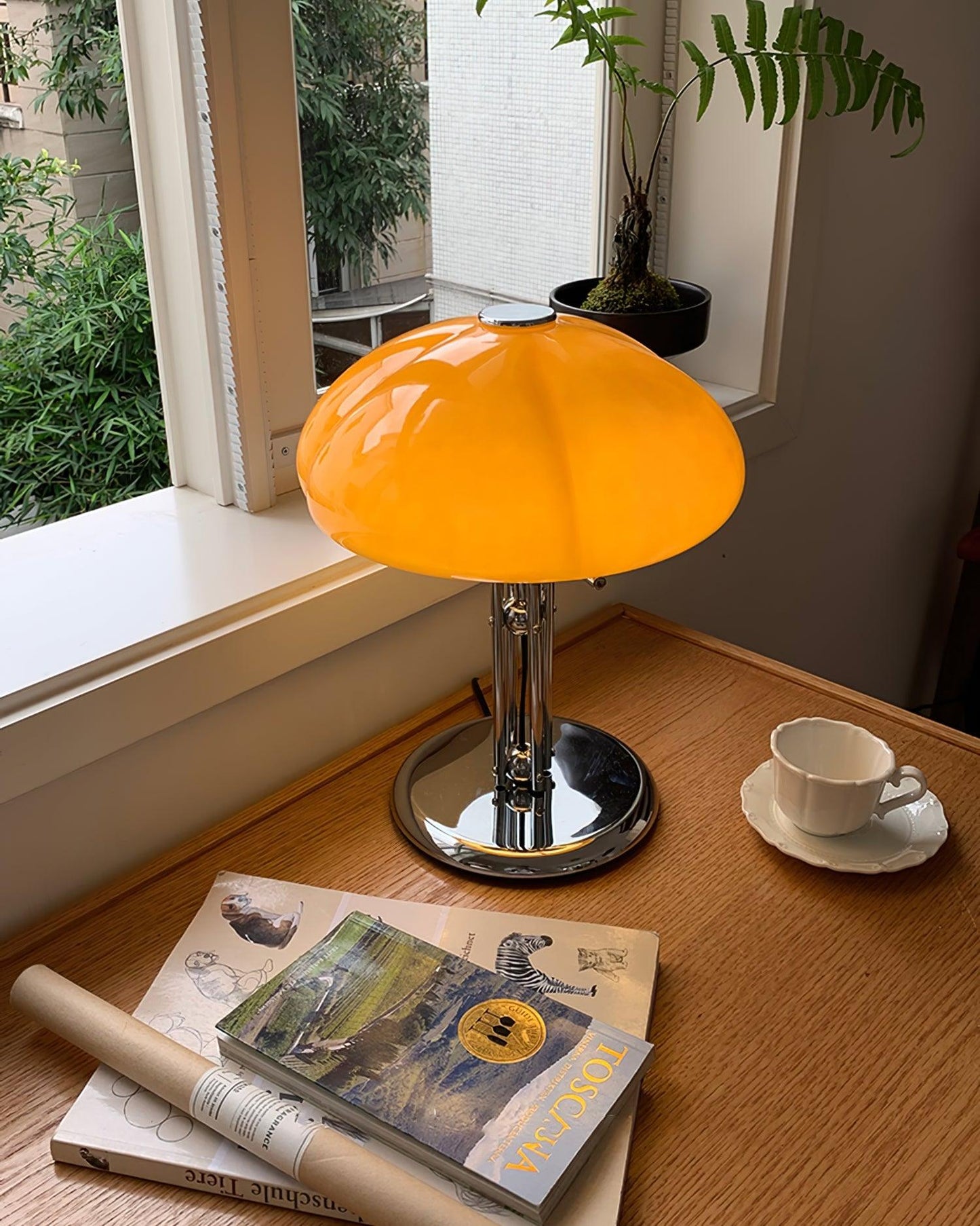 Bauhaus Table Lamp | Amber Glass Shade | Chrome Finish