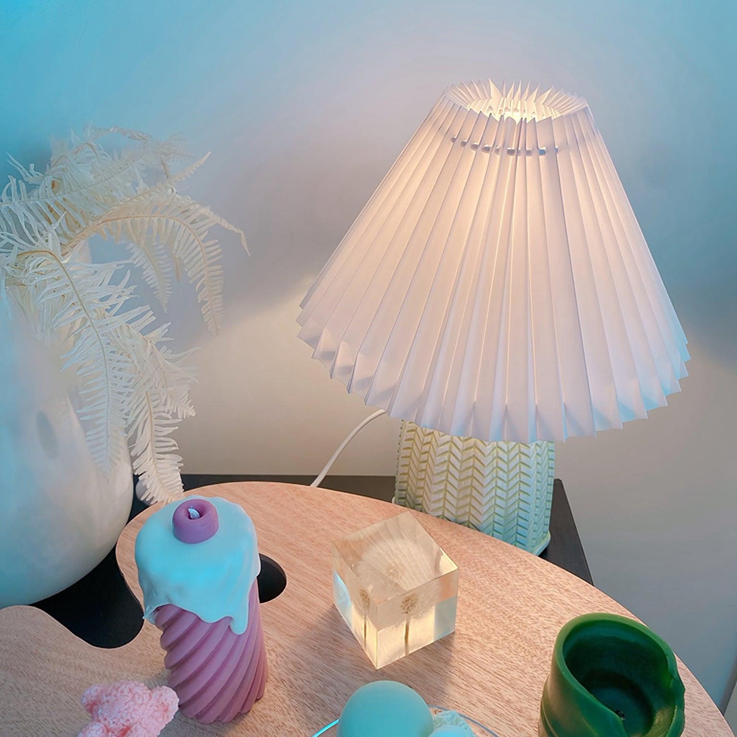 Vintage Table Lamp | Ceramic & Fabric | Light Green & Beige