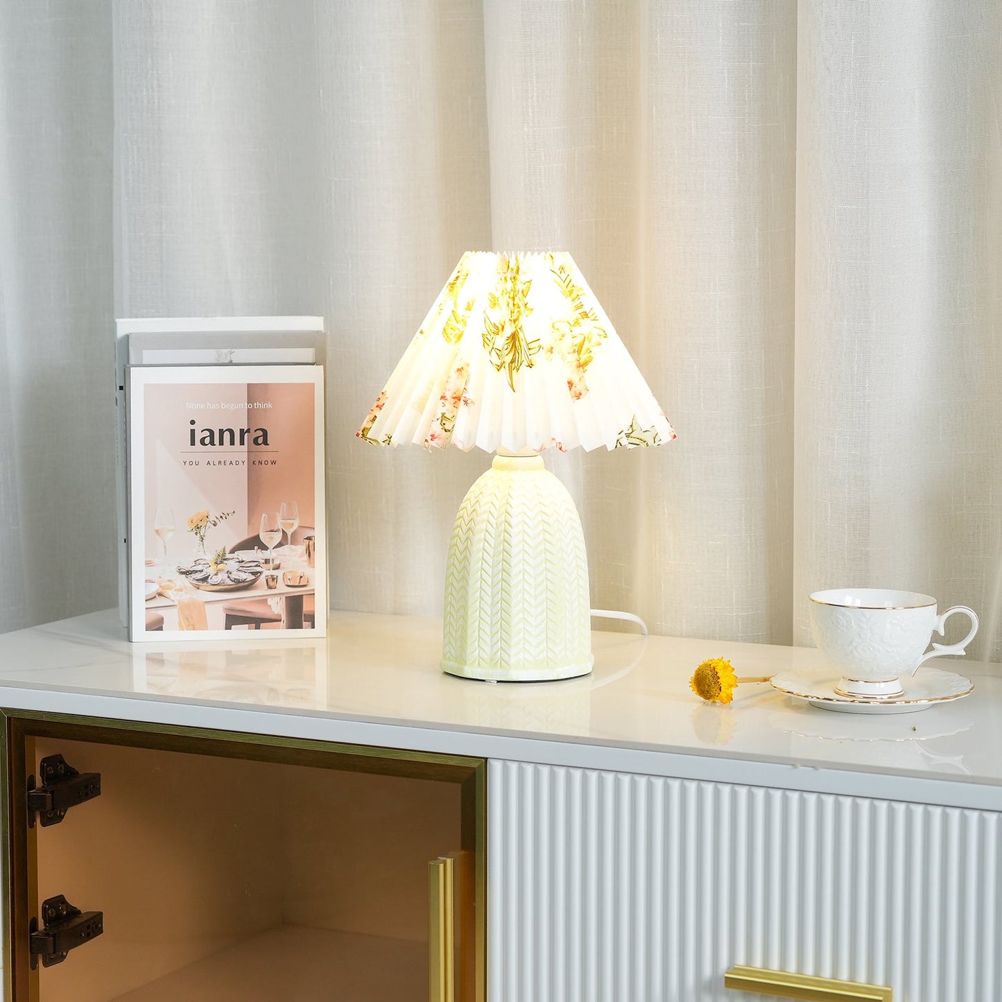 Vintage Table Lamp | Ceramic & Fabric | Light Green & Beige