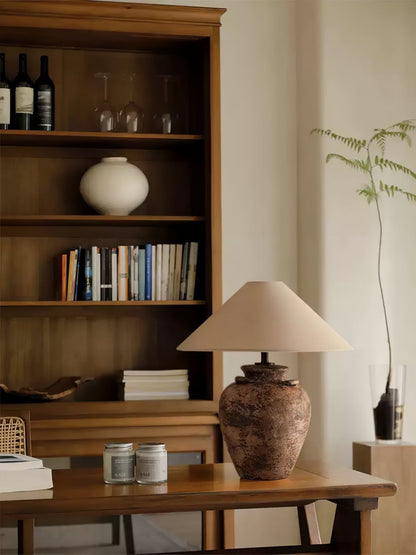 Vintage Terracotta Vase Table Lamp | Weathered Ceramic & Beige Shade | 45cm Diameter